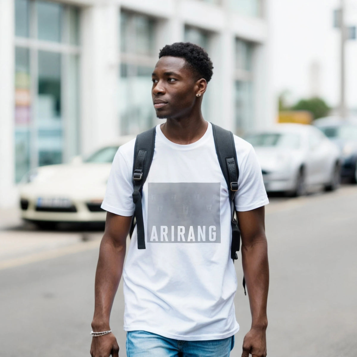 White unisex tee with BTS ARIRANG foggy photoshoot artwork