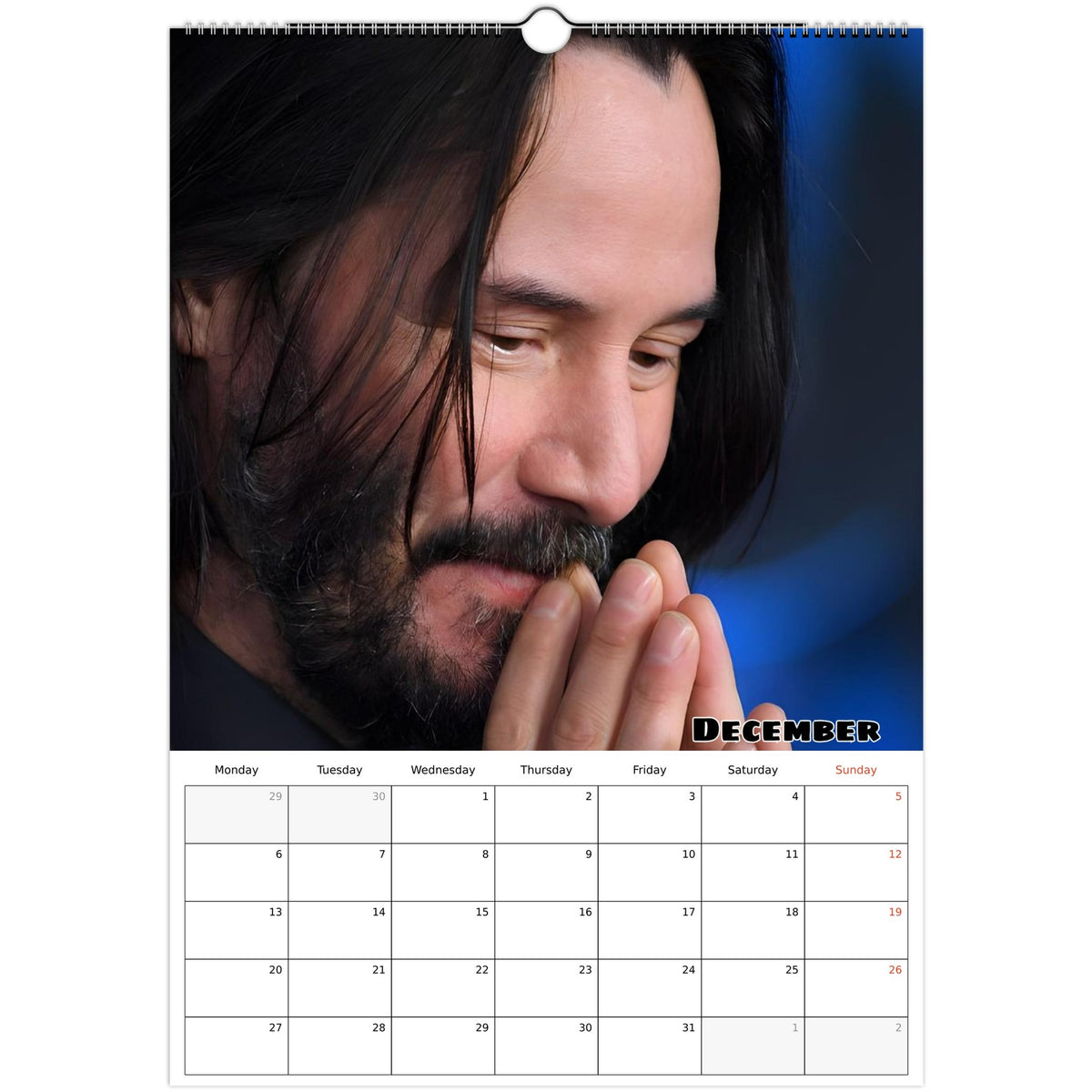 December 2027 page in Keanu Reeves A3 wall calendar