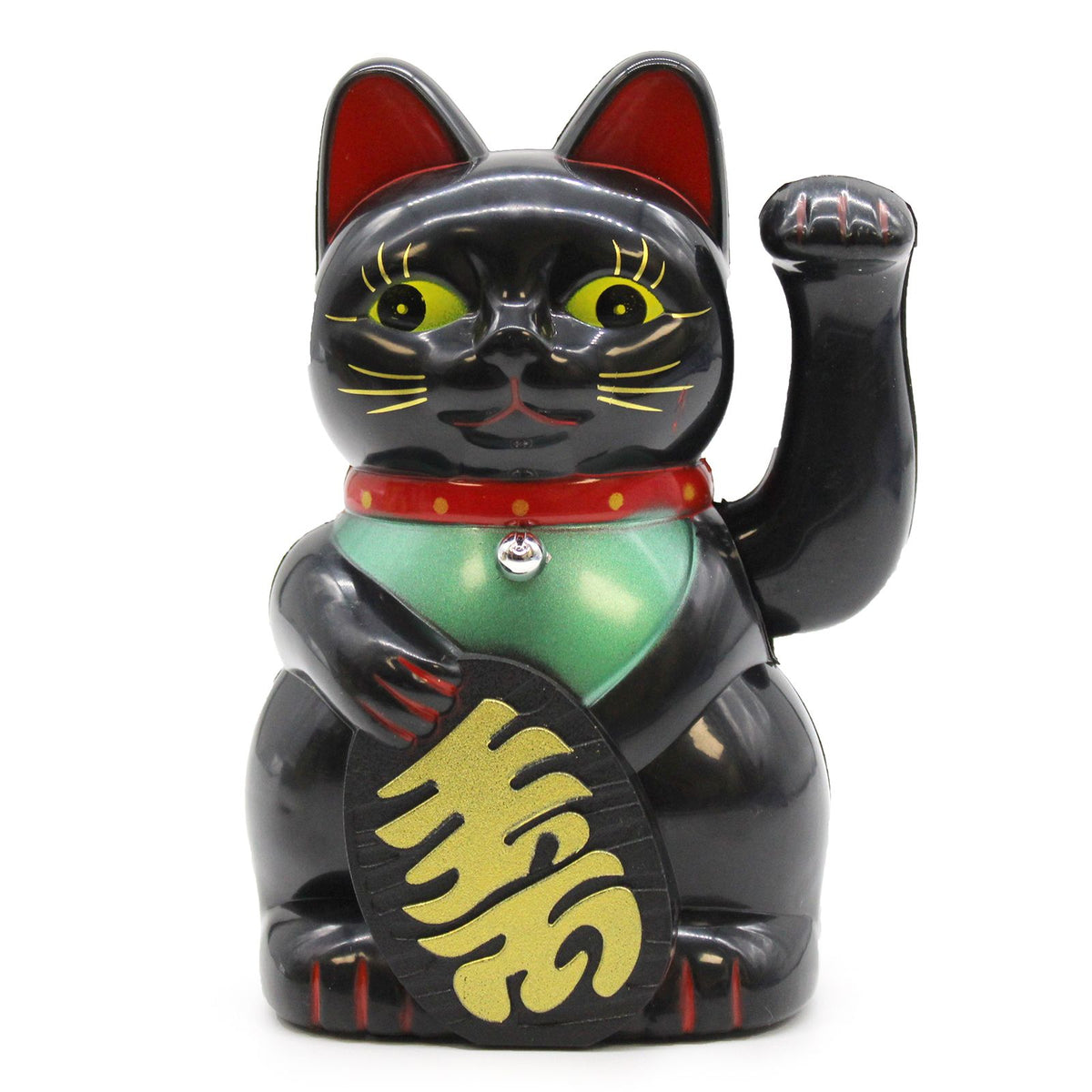 Black cat figurine with red collar and yellow paw on a white background