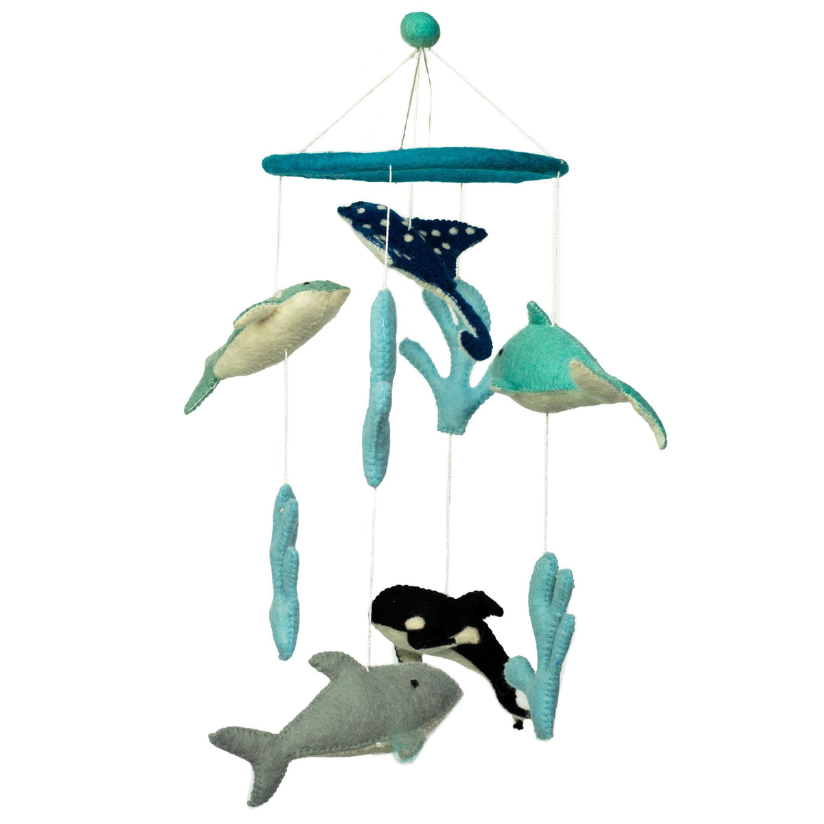 Handmade felt dolphins and sealife mobile for ocean‑themed nursery décor