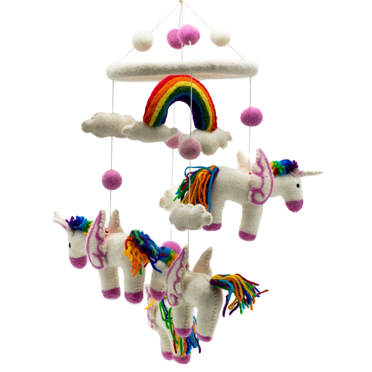 Unicorn and rainbow mobile toy on a white background