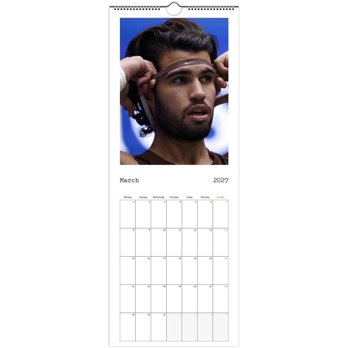 March 2027 page in Carlos Alcaraz slim wall calendar