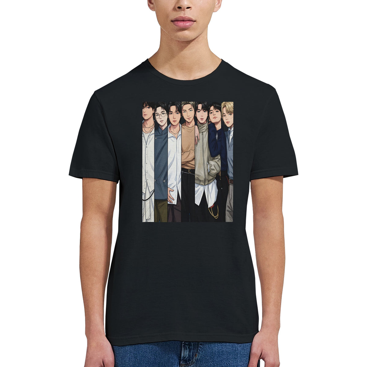 Black tee with modern BTS seven‑character design