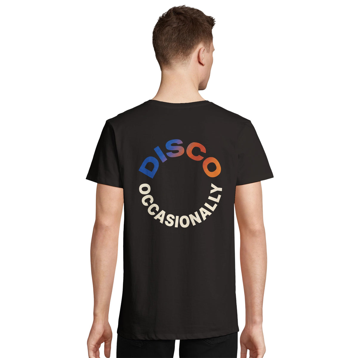 Black unisex shirt with retro circular back design