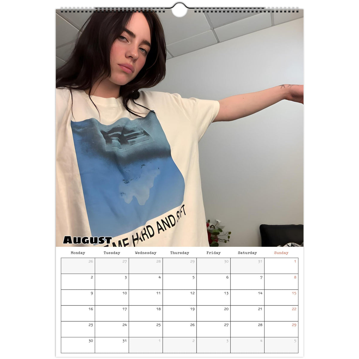 August 2027 page in Billie Eilish A3 wall calendar