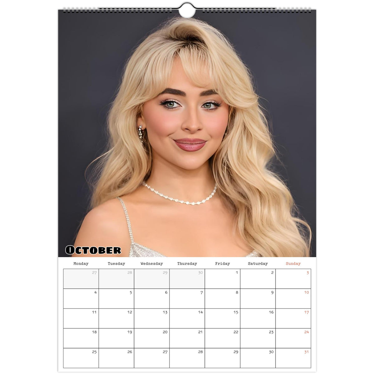 October 2027 page in Sabrina Carpenter A3 wall calendar