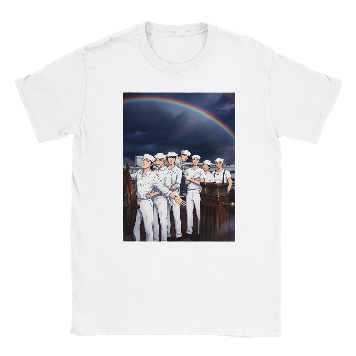 White BTS tee with front Swim‑inspired artwork and tour text