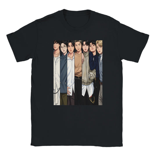 Black T‑shirt with seven‑member front graphic design
