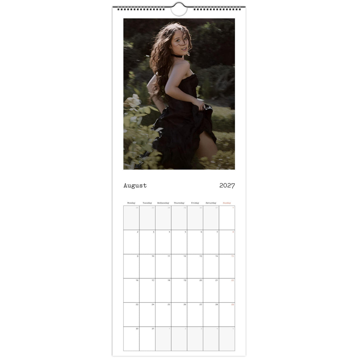 August 2027 page in Laufey slim wall calendar
