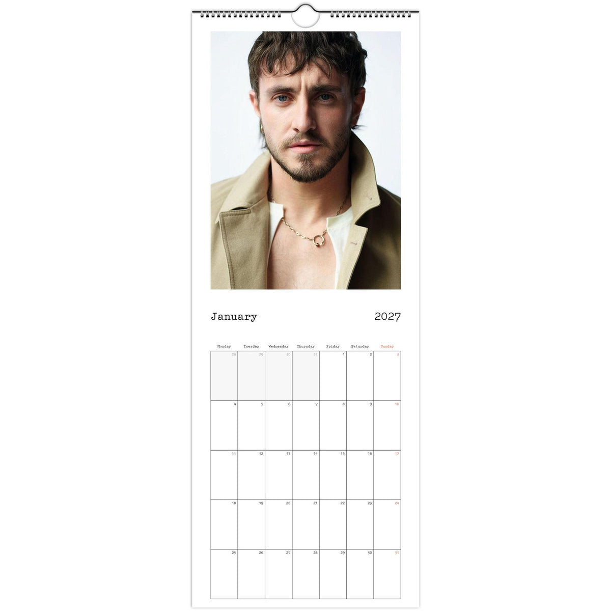 January 2027 page in Paul Mescal slim wall calendar