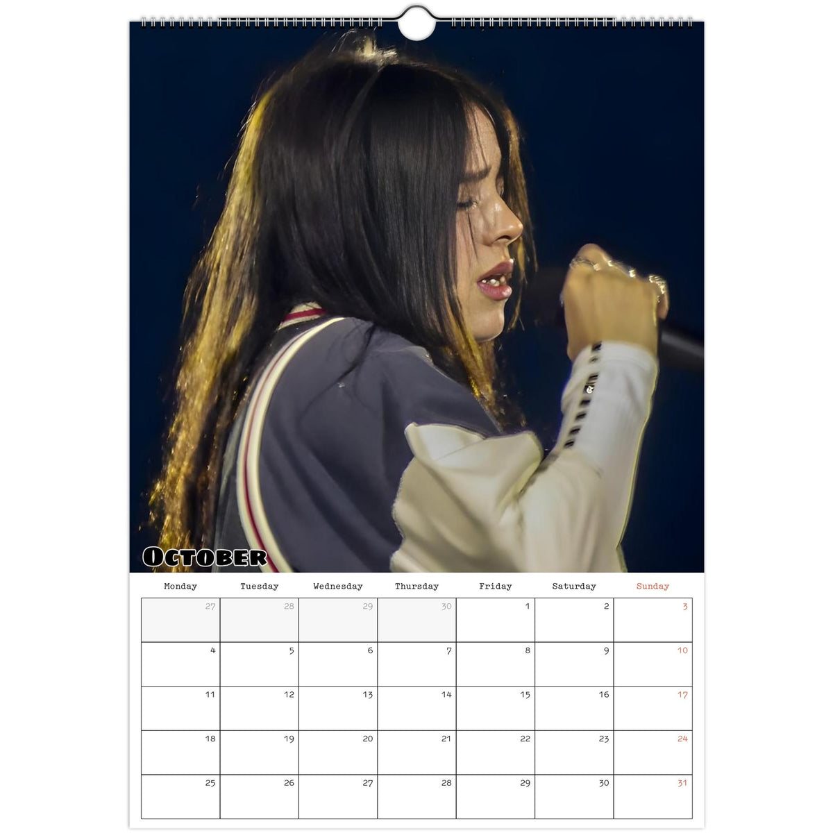October 2027 page in Billie Eilish A3 wall calendar