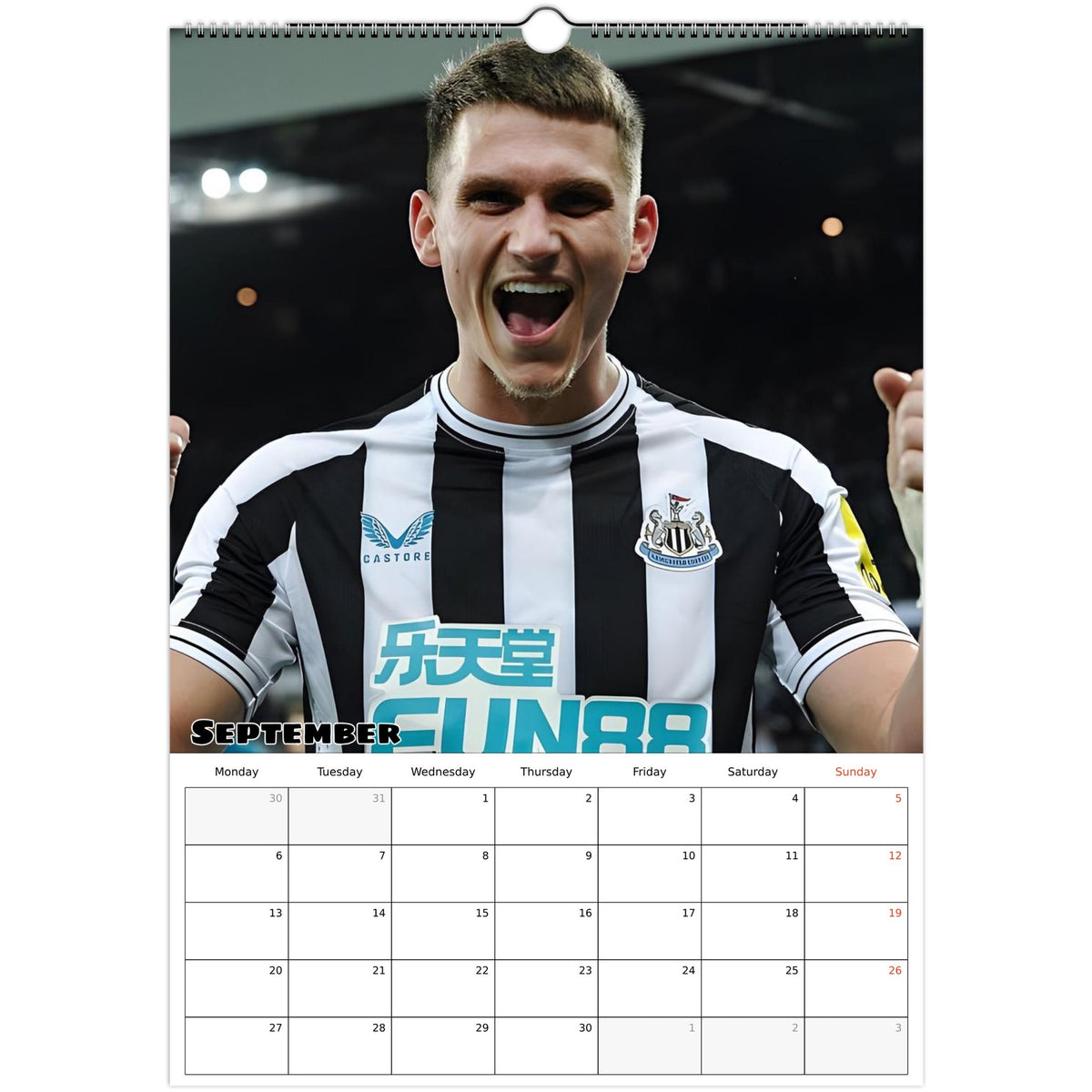 September 2027 page in Newcastle United FC A3 wall calendar