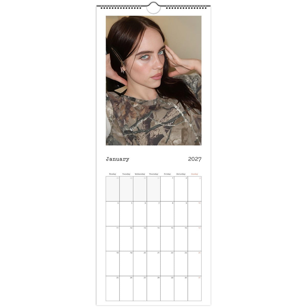 January 2027 page in Billie Eilish slim wall calendar