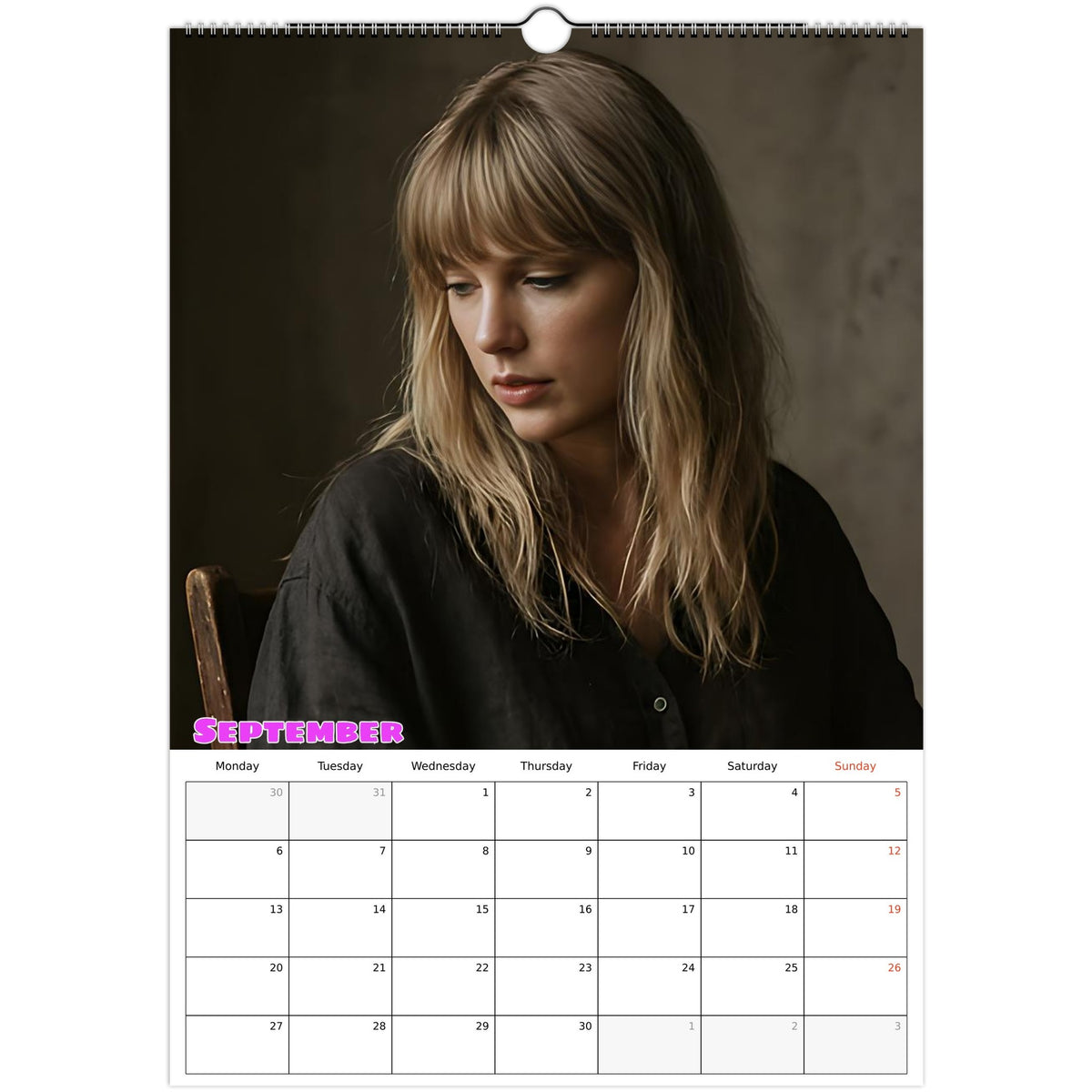 September 2027 page in Taylor Swift A3 wall calendar