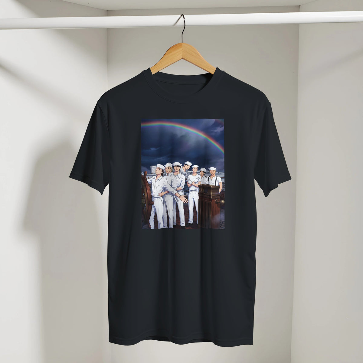 Black BTS tee with front Swim‑inspired artwork and tour text
