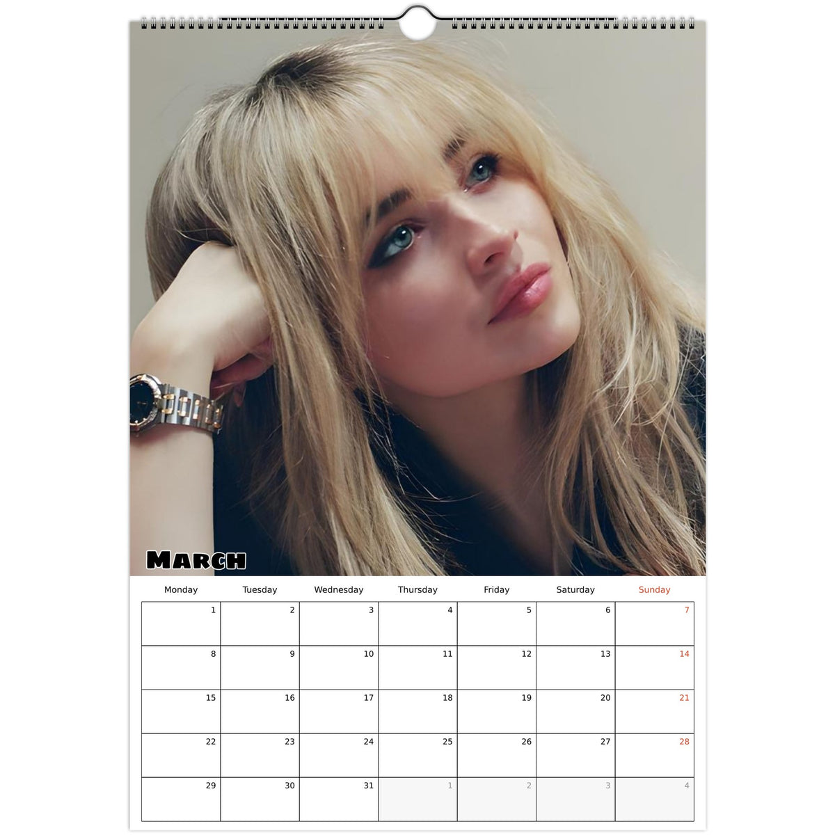March 2027 page in Sabrina Carpenter A3 wall calendar
