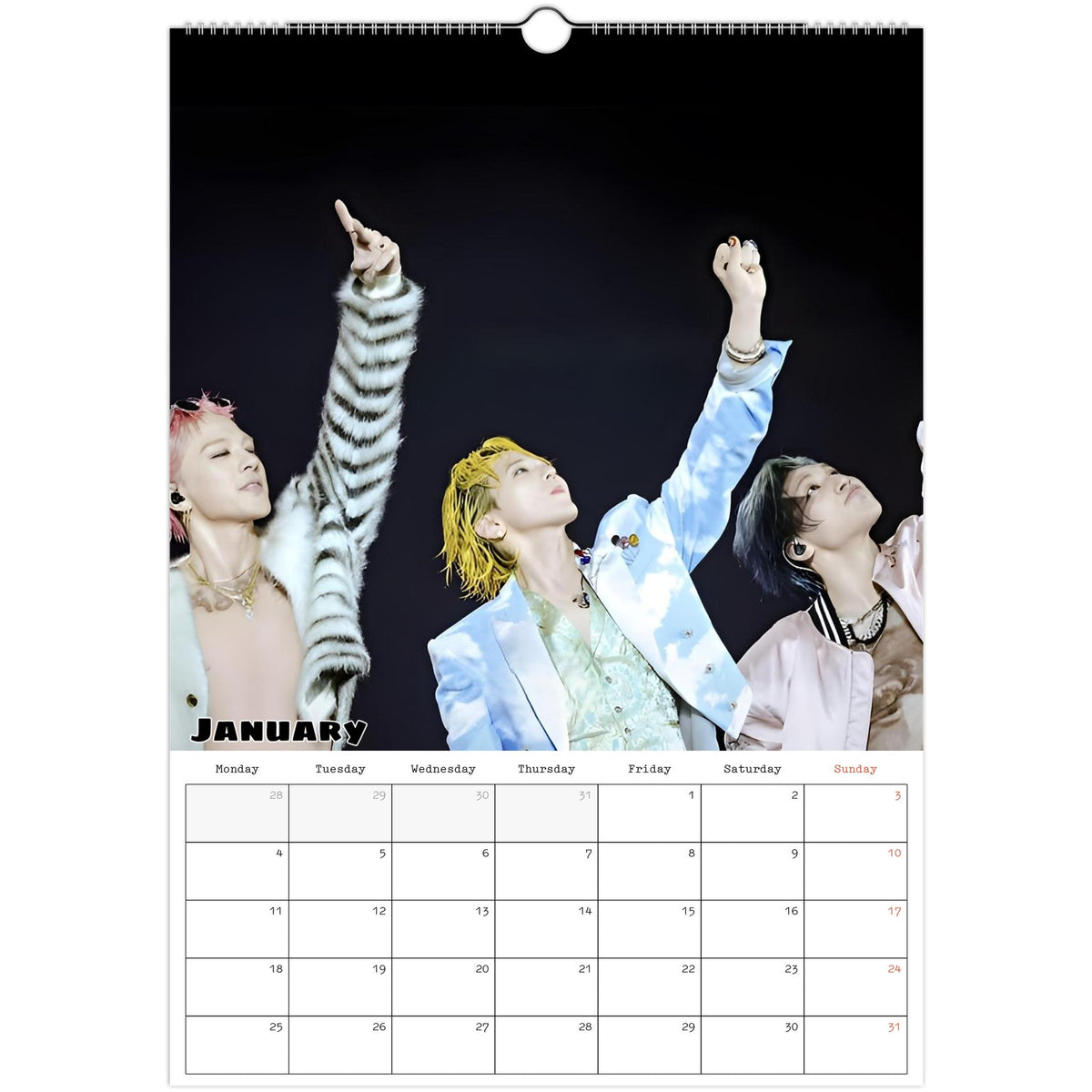 January 2027 page in BIGBANG A3 wall calendar