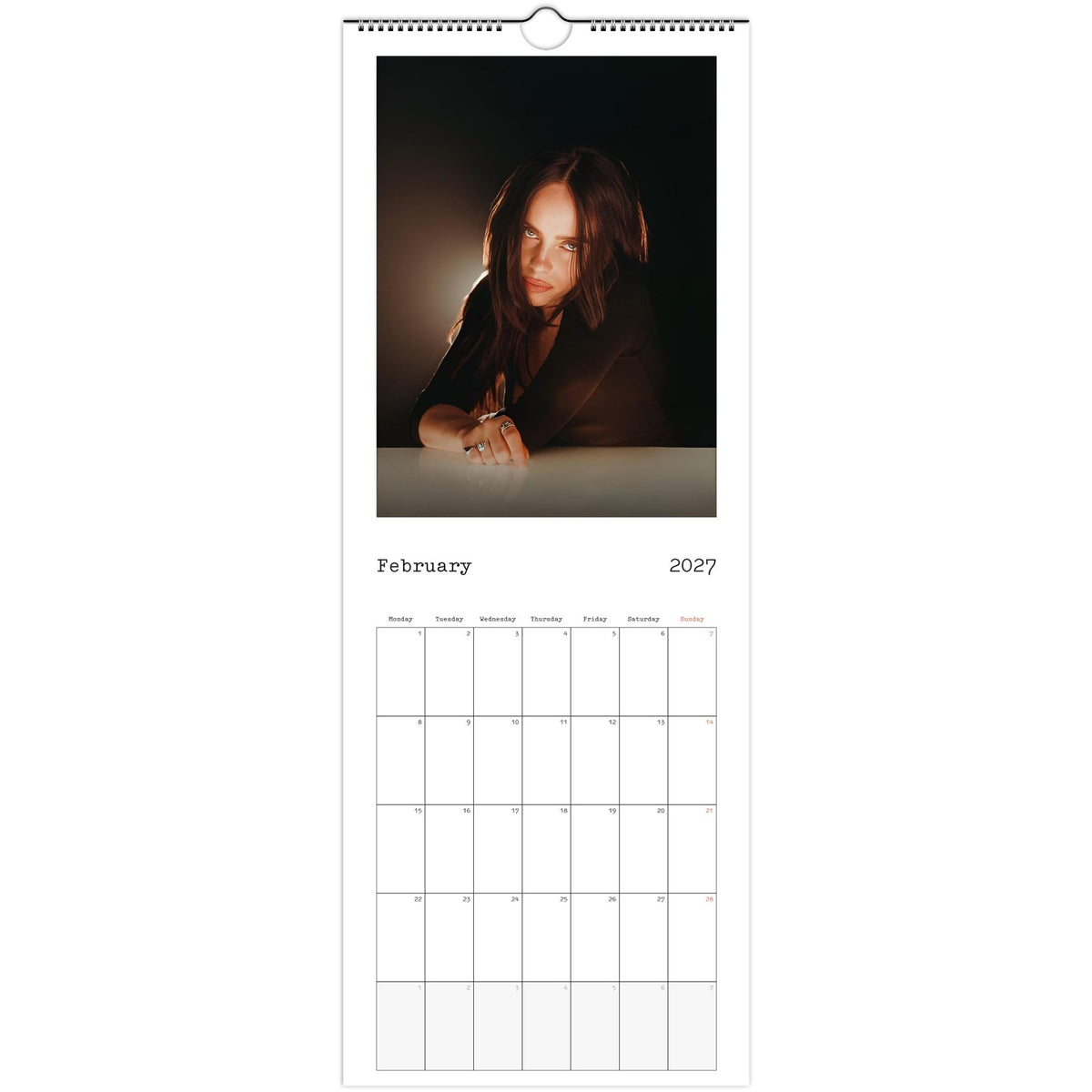 February 2027 page in Billie Eilish slim wall calendar
