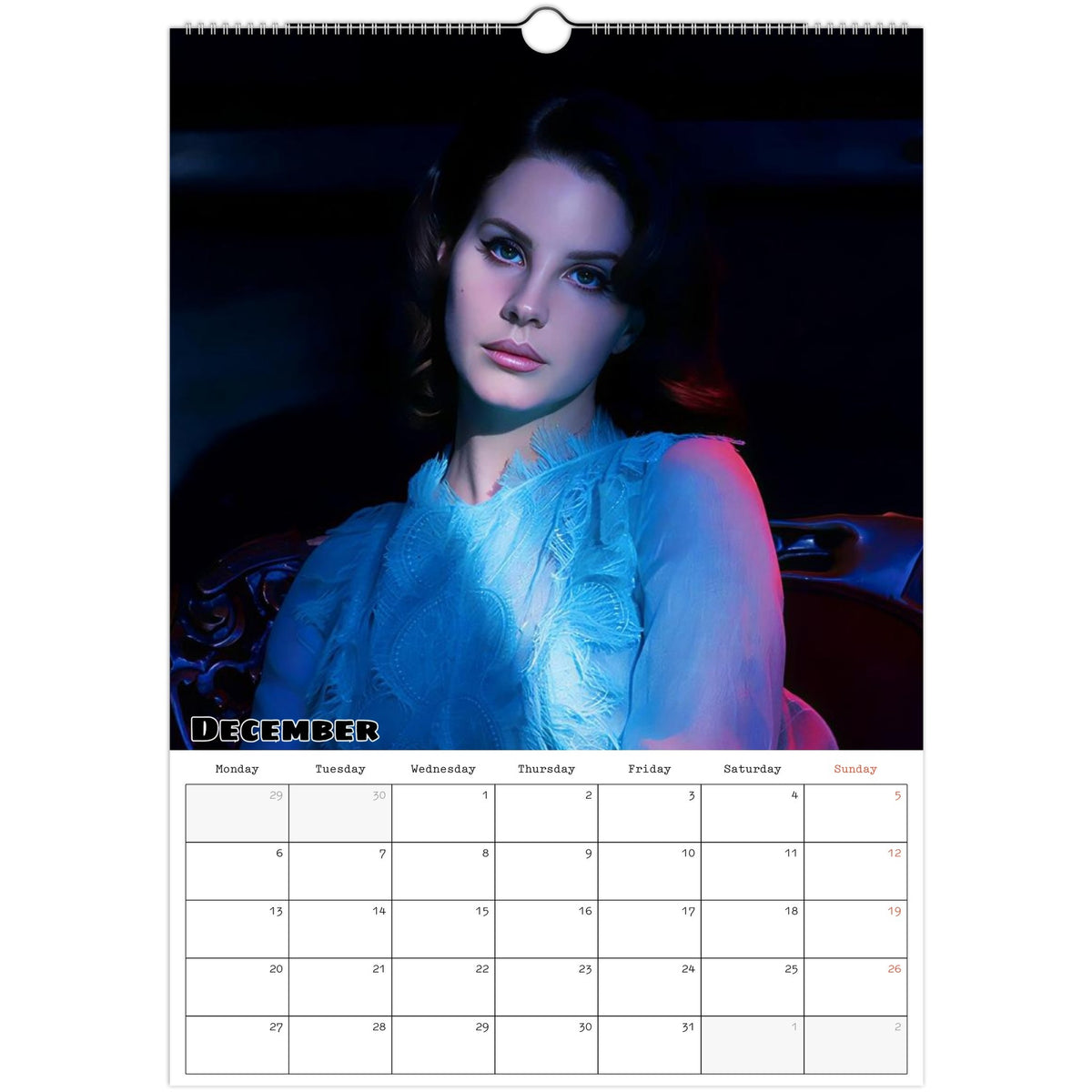 December 2027 page in Lana Del Rey A3 wall calendar