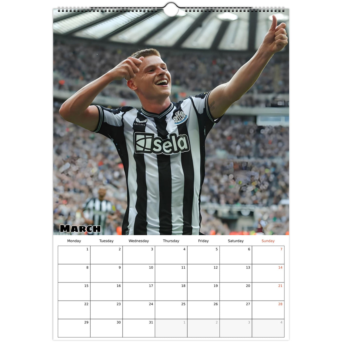 March 2027 page in Newcastle United FC A3 wall calendar
