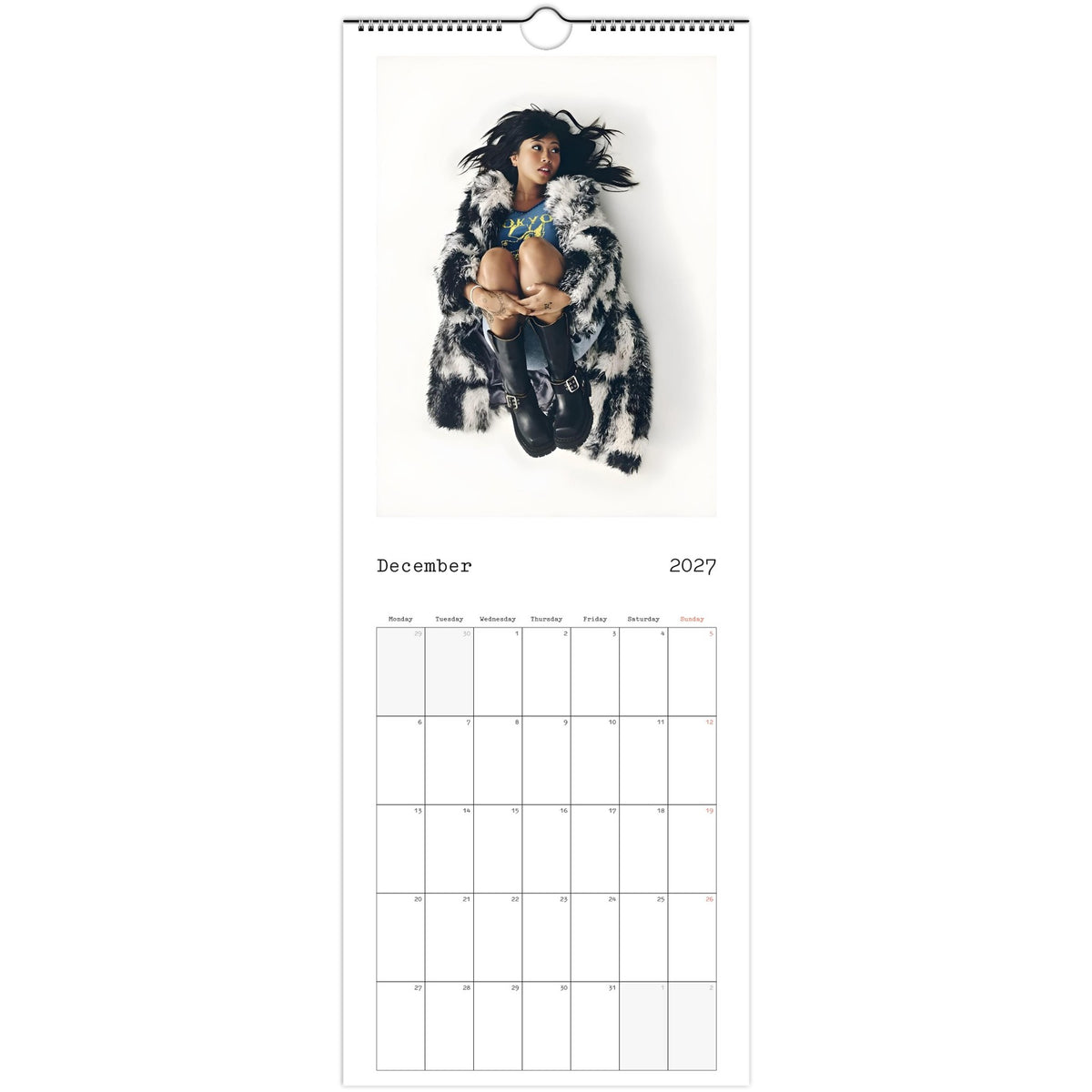 December 2027 page in Beabadoobee slim wall calendar
