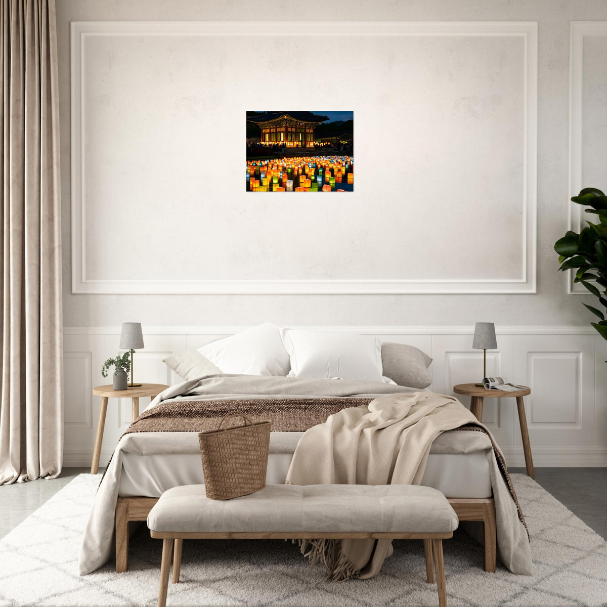 Korean sky lantern artwork with peaceful night atmosphere