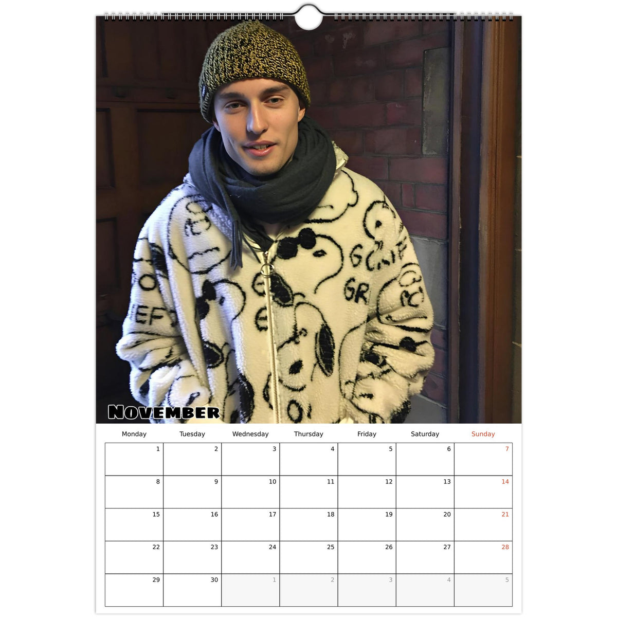 November 2027 page in Sam Fender A3 wall calendar