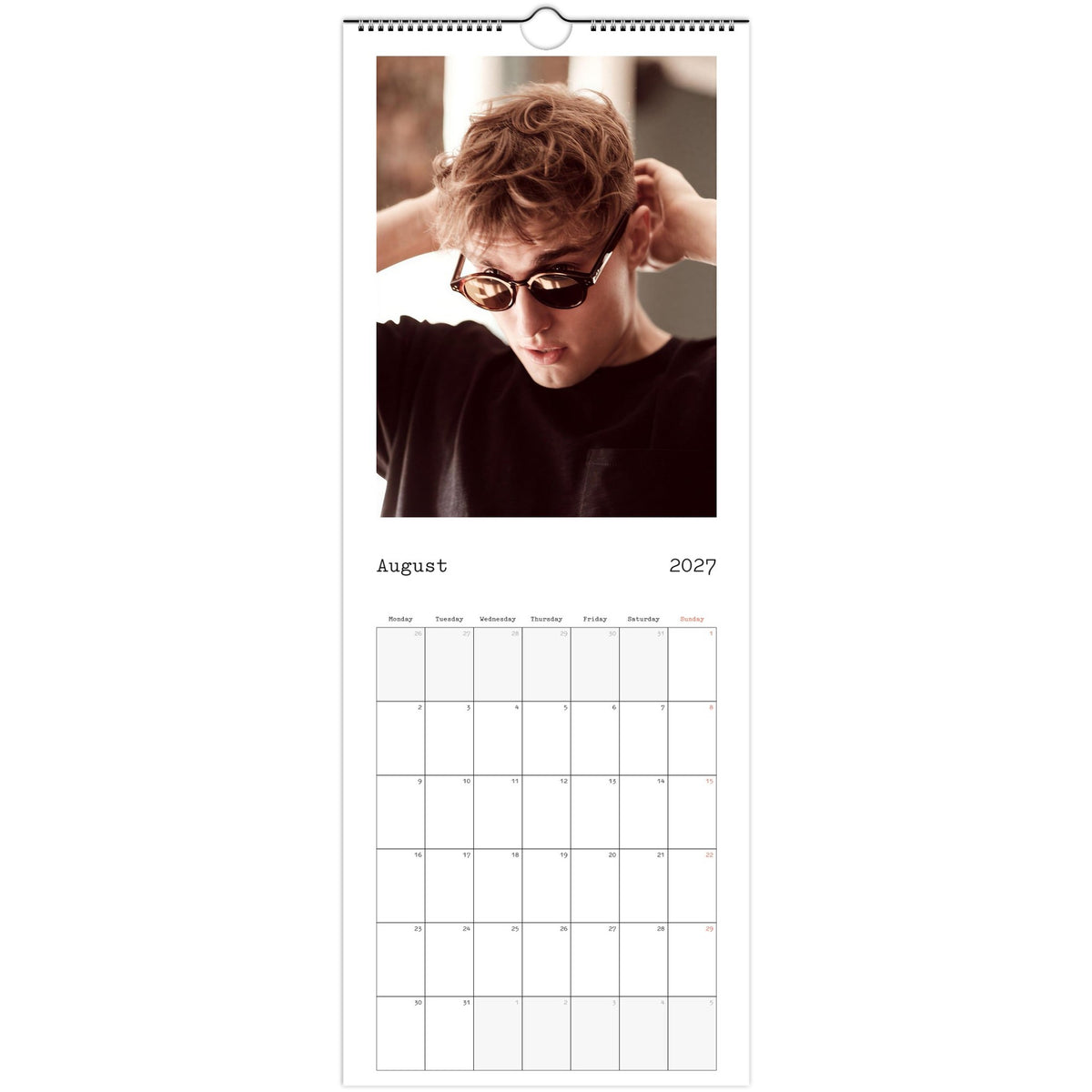 August 2027 page in Sam Fender slim wall calendar