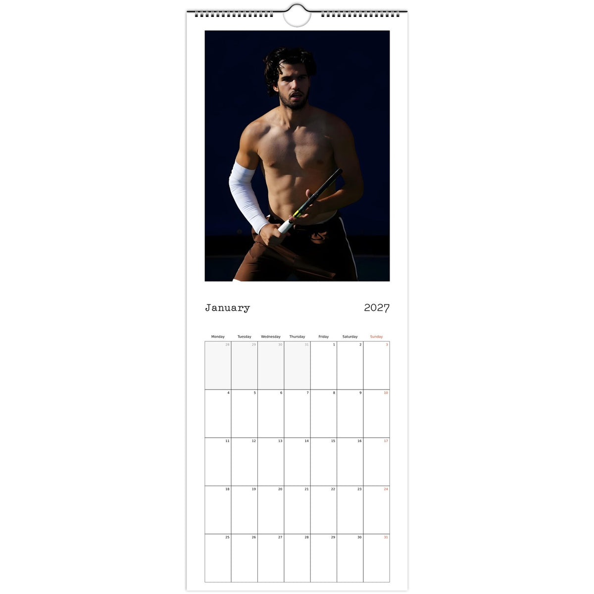 January 2027 page in Carlos Alcaraz slim wall calendar