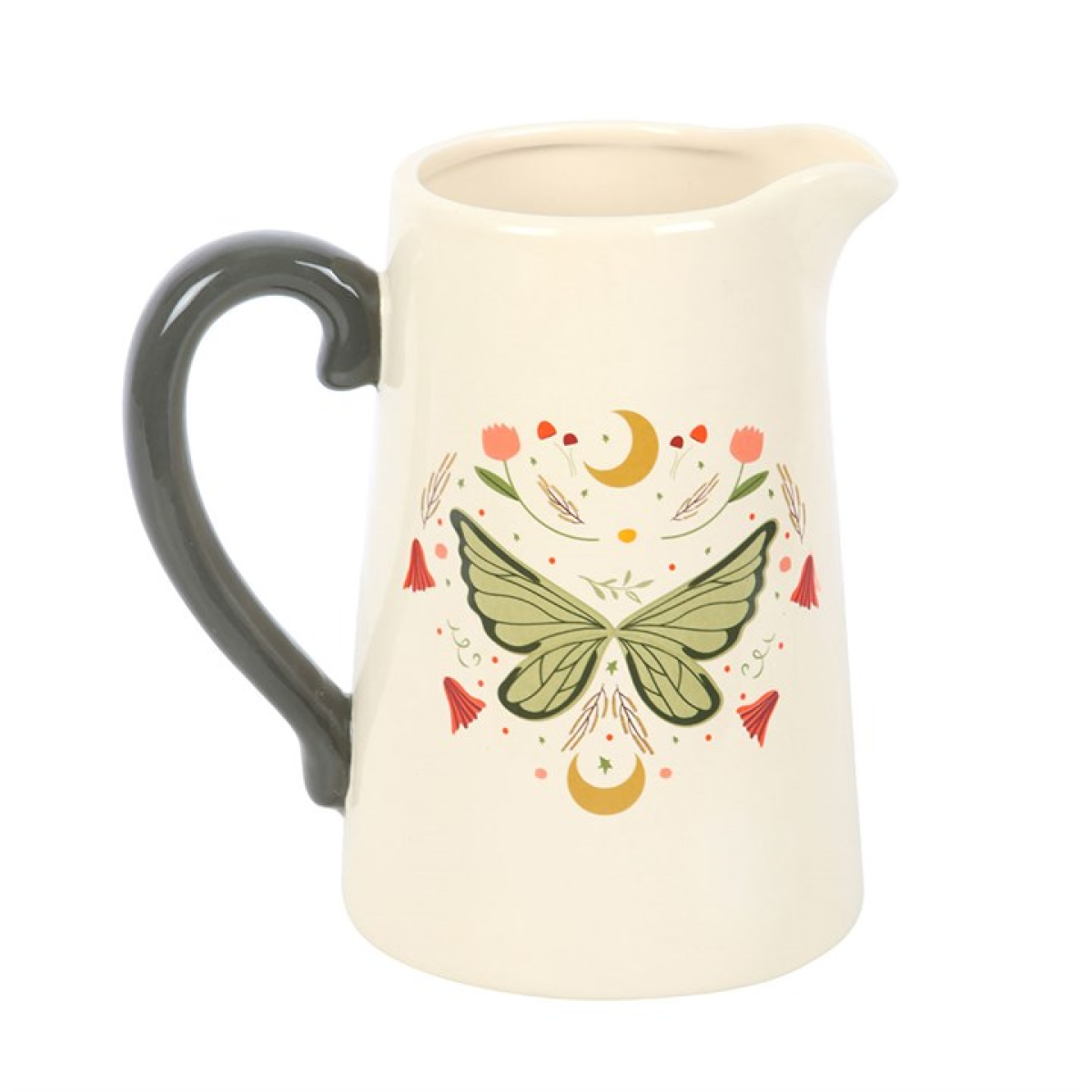 Fairy wing ceramic jug displayed with fresh flowers on a windowsill