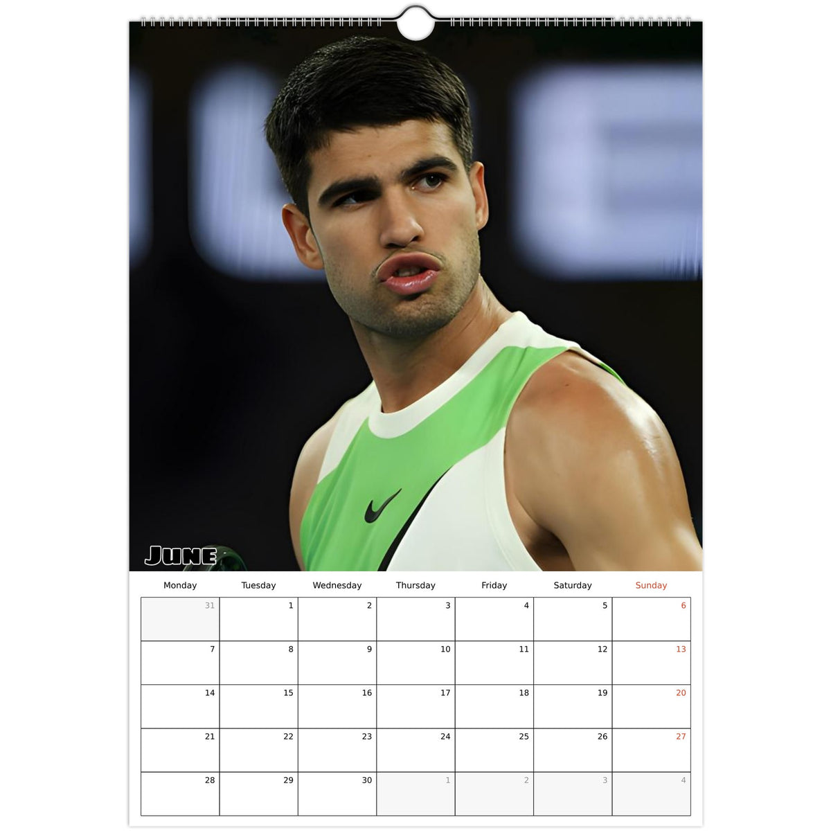 June 2027 page in Carlos Alcaraz A3 wall calendar