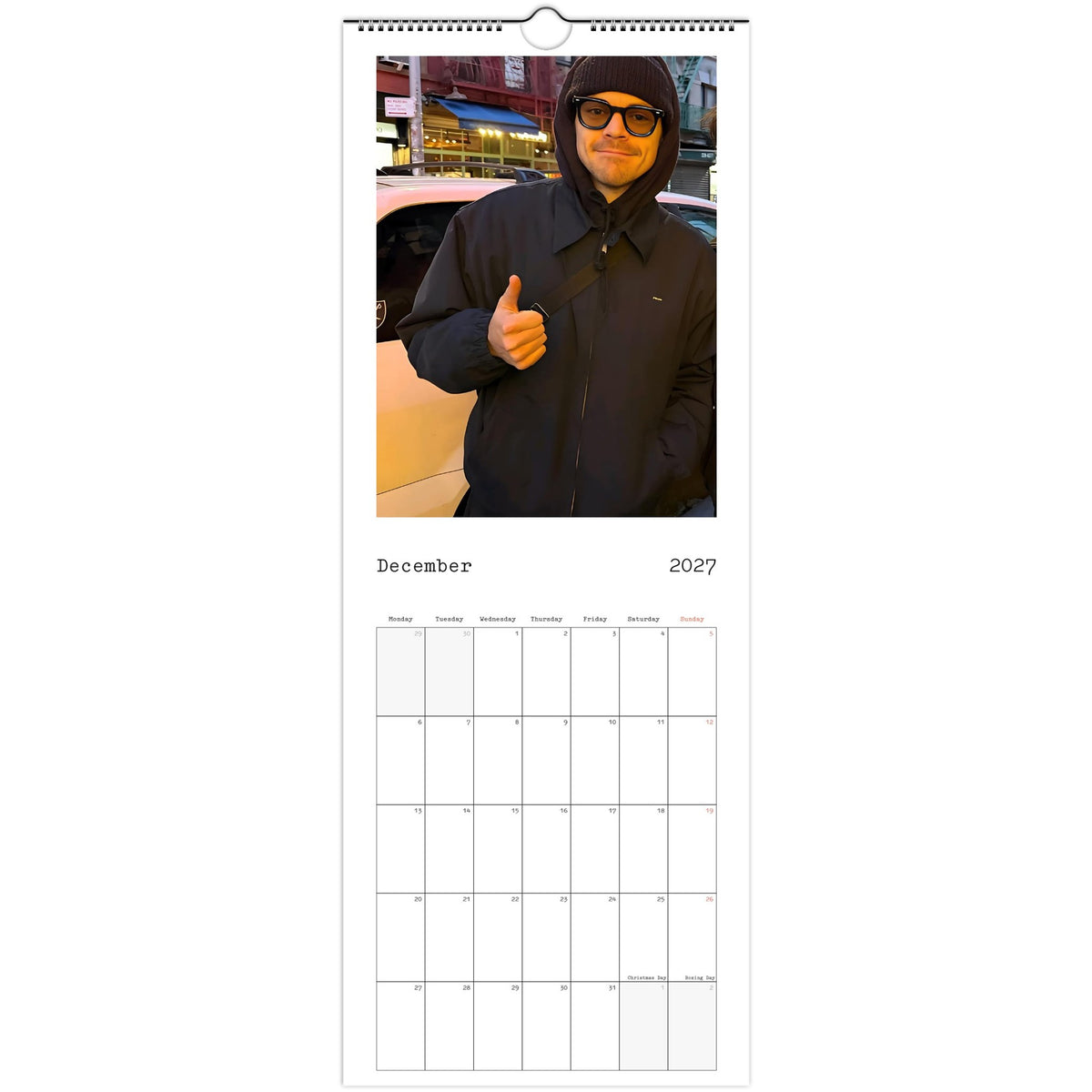 December 2027 page in Harry Styles slim wall calendar