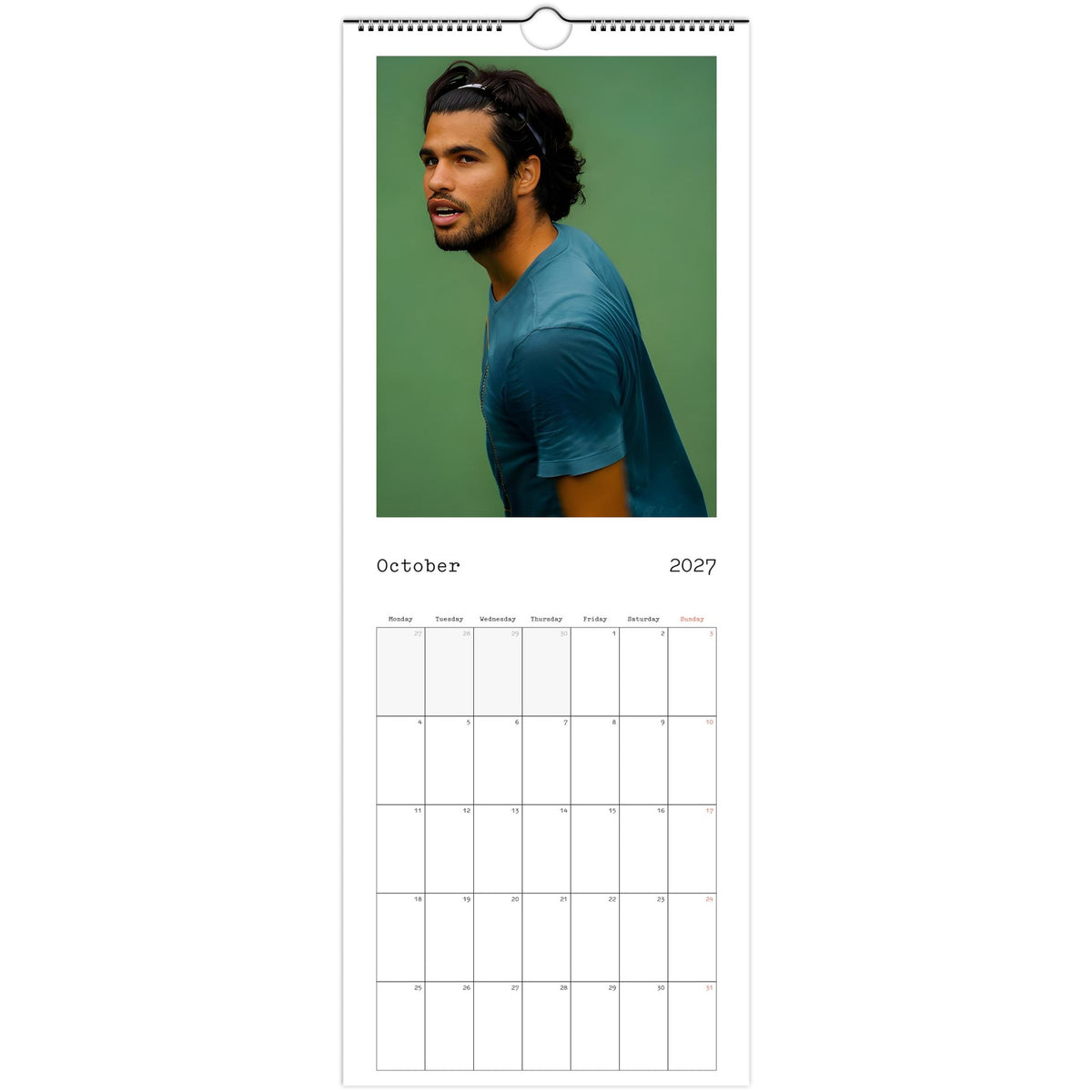 October 2027 page in Carlos Alcaraz slim wall calendar
