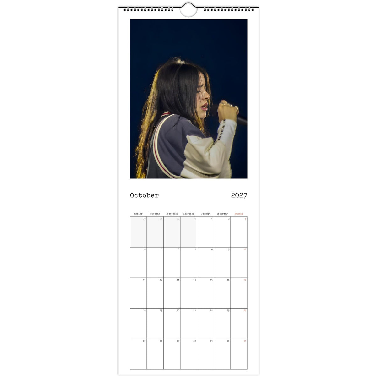 October 2027 page in Billie Eilish slim wall calendar