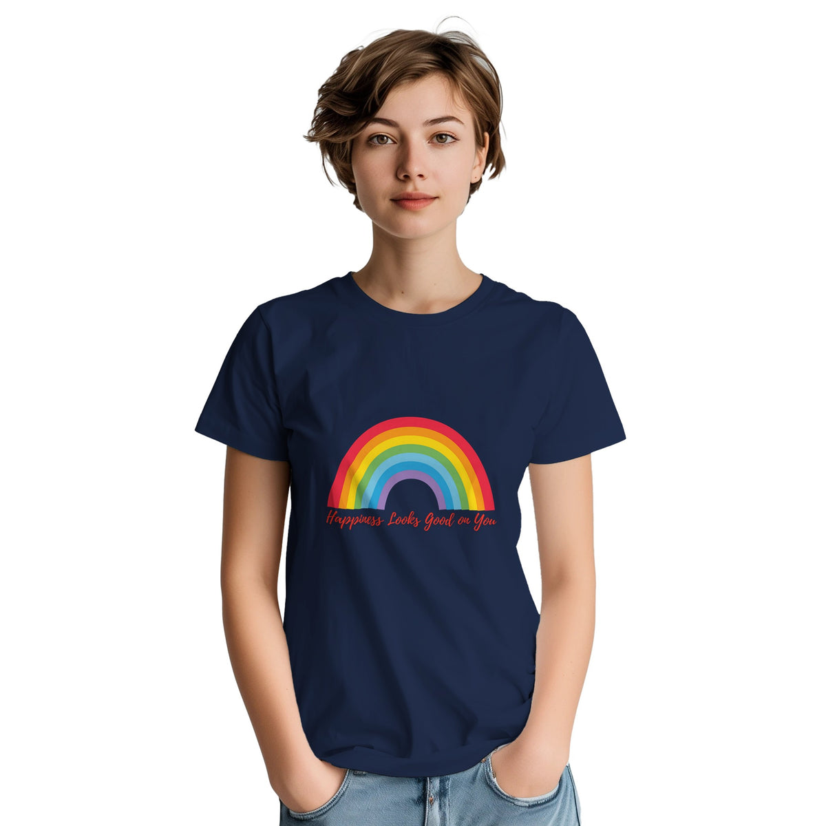 Colourful rainbow quote tee promoting happiness and good vibes