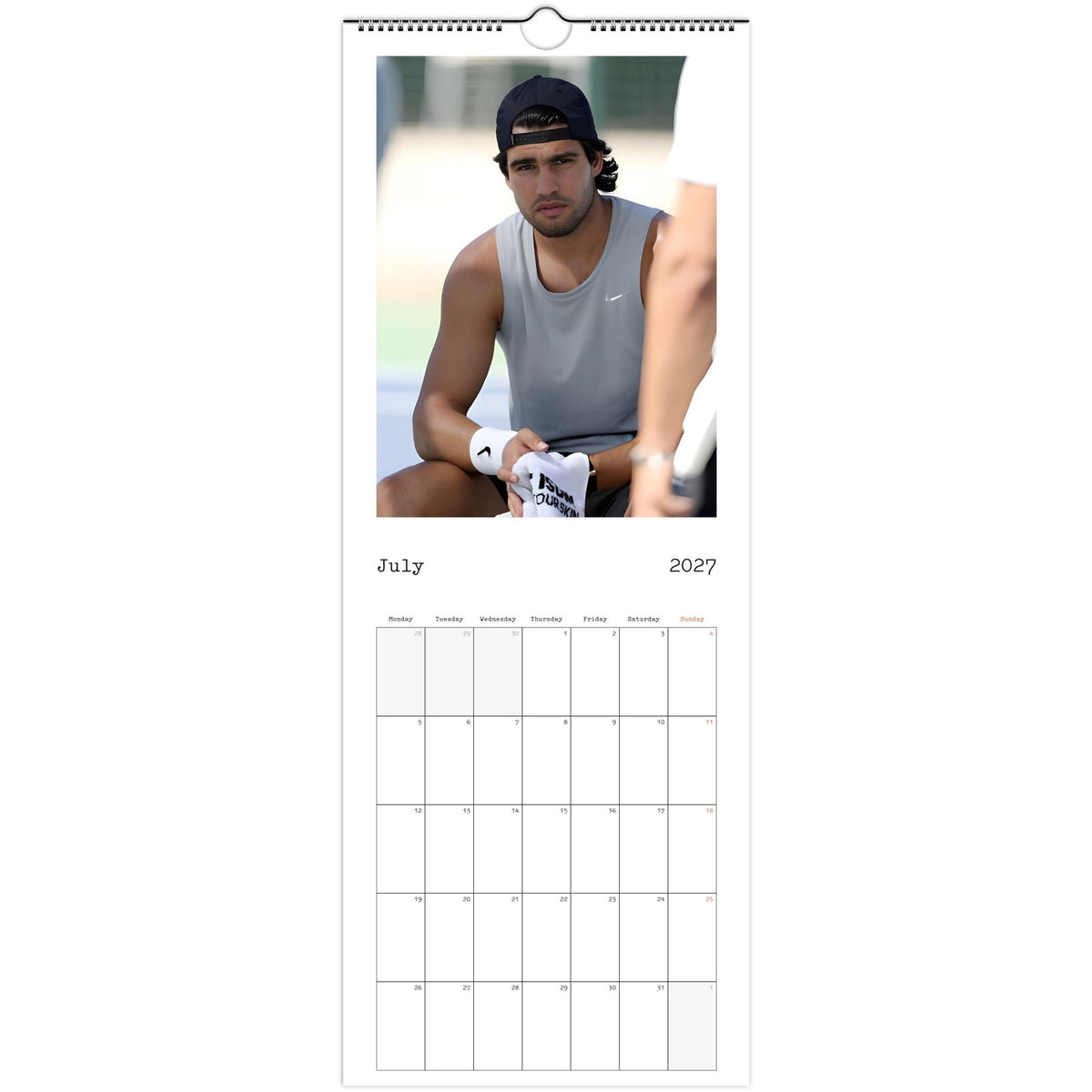 July 2027 page in Carlos Alcaraz slim wall calendar