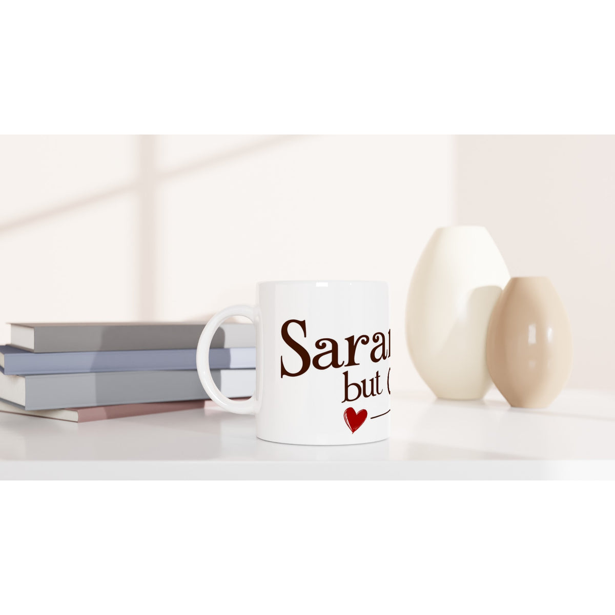 White ceramic mug with playful Saranghae and coffee themed text