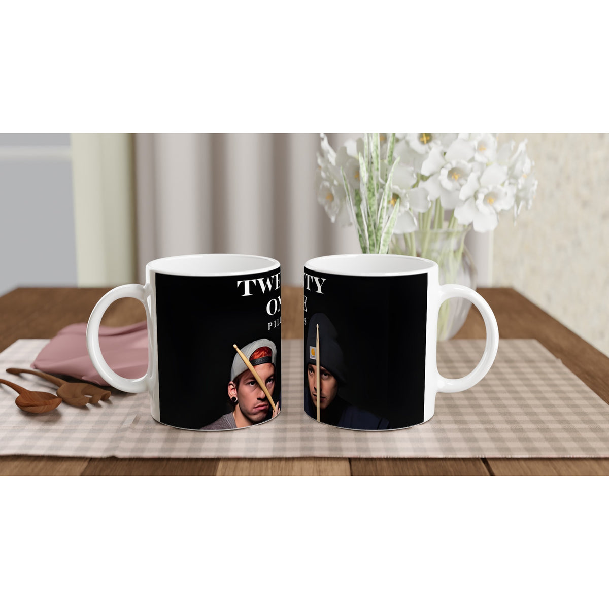 White ceramic TØP mug with band‑inspired design