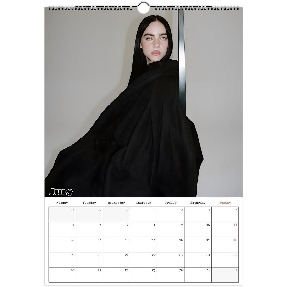 July 2027 page in Billie Eilish A3 wall calendar