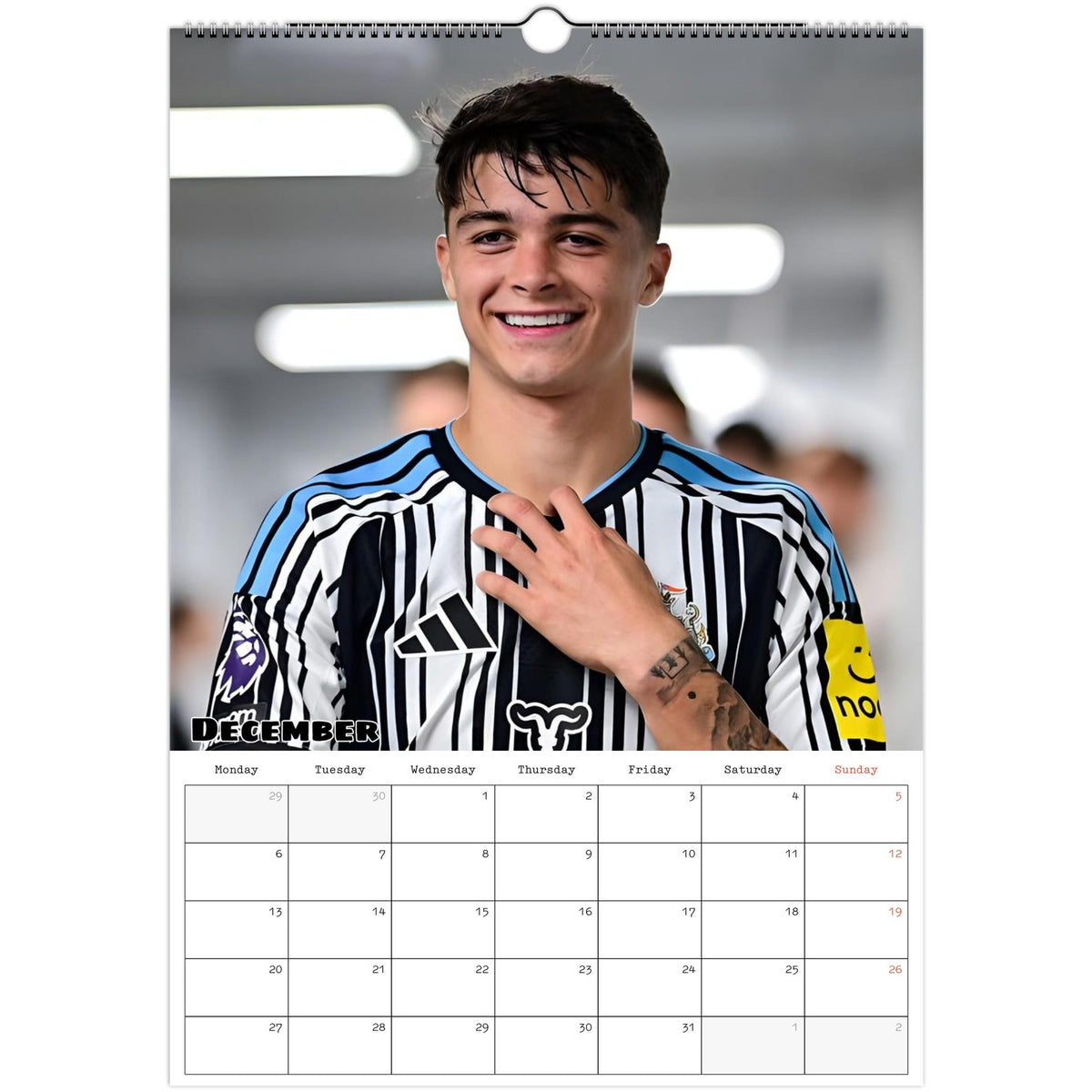 December 2027 page in Newcastle United FC A3 wall calendar