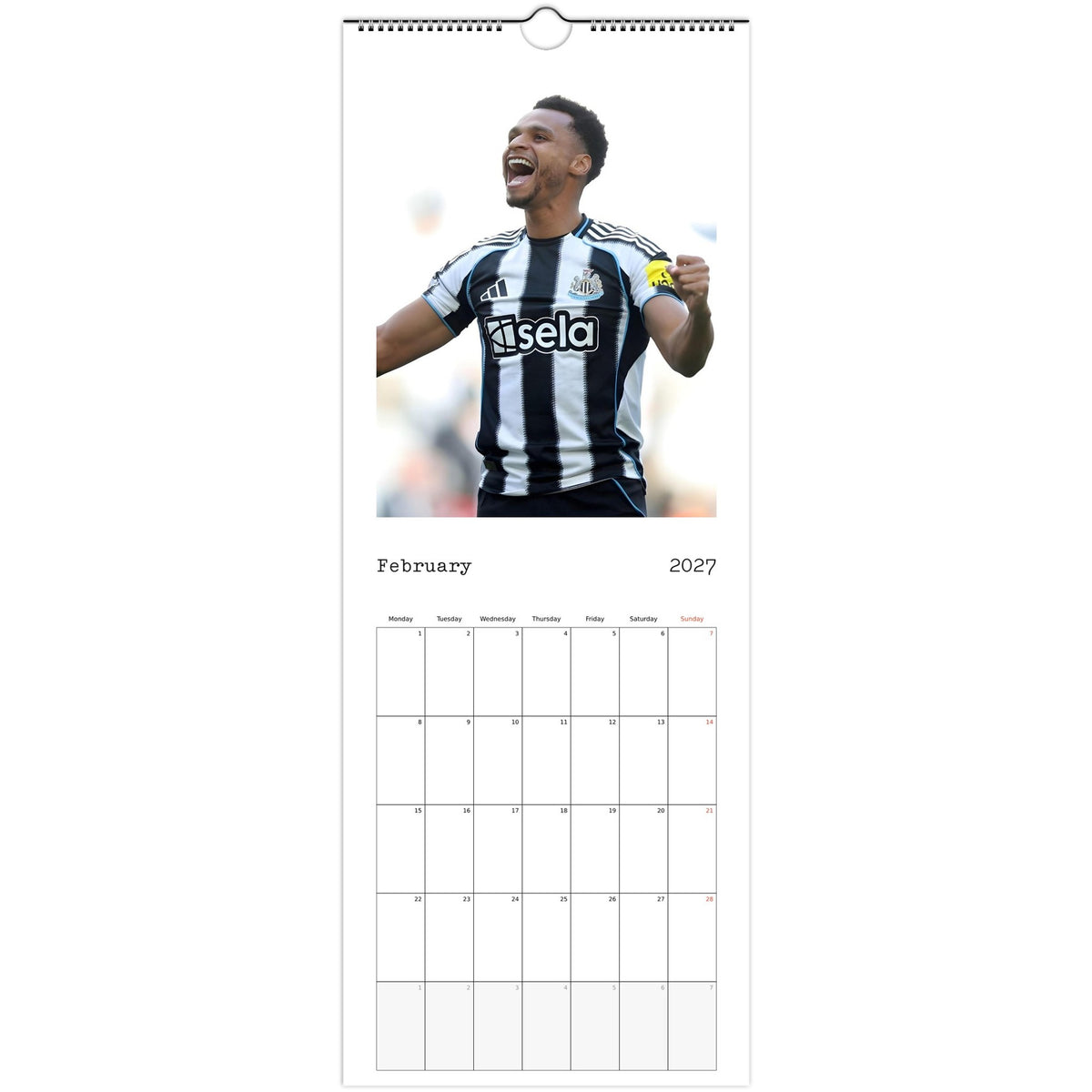 February 2027 page in Newcastle United FC slim wall calendar
