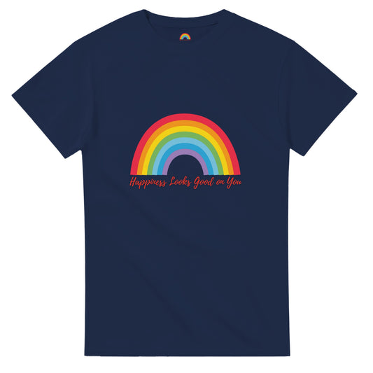 Happiness Looks Good on You T‑shirt with rainbow positive quote design