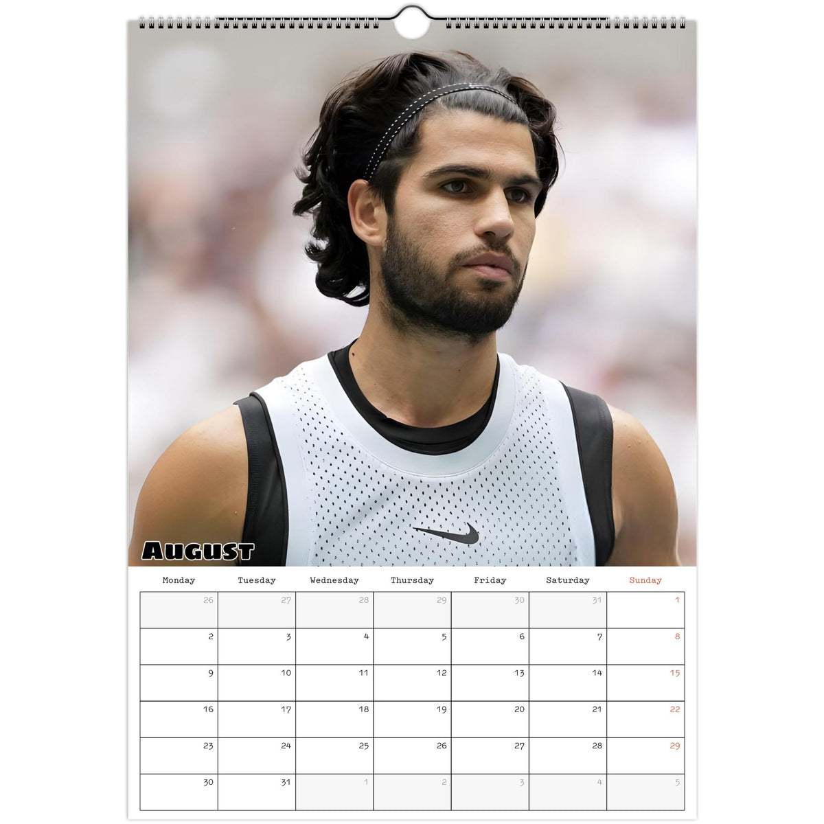 August 2027 page in Carlos Alcaraz A3 wall calendar