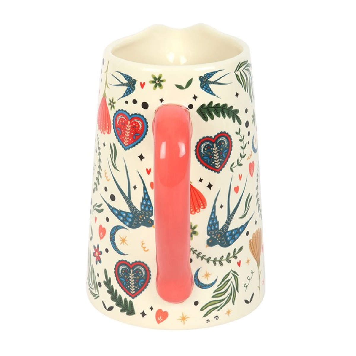 Close‑up of folk floral pattern on cream ceramic flower jug