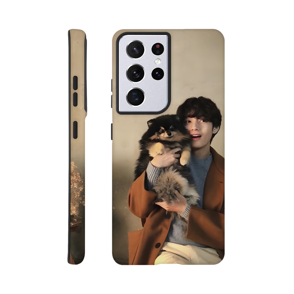 BTS V Samsung phone case with cute Yeontan illustration