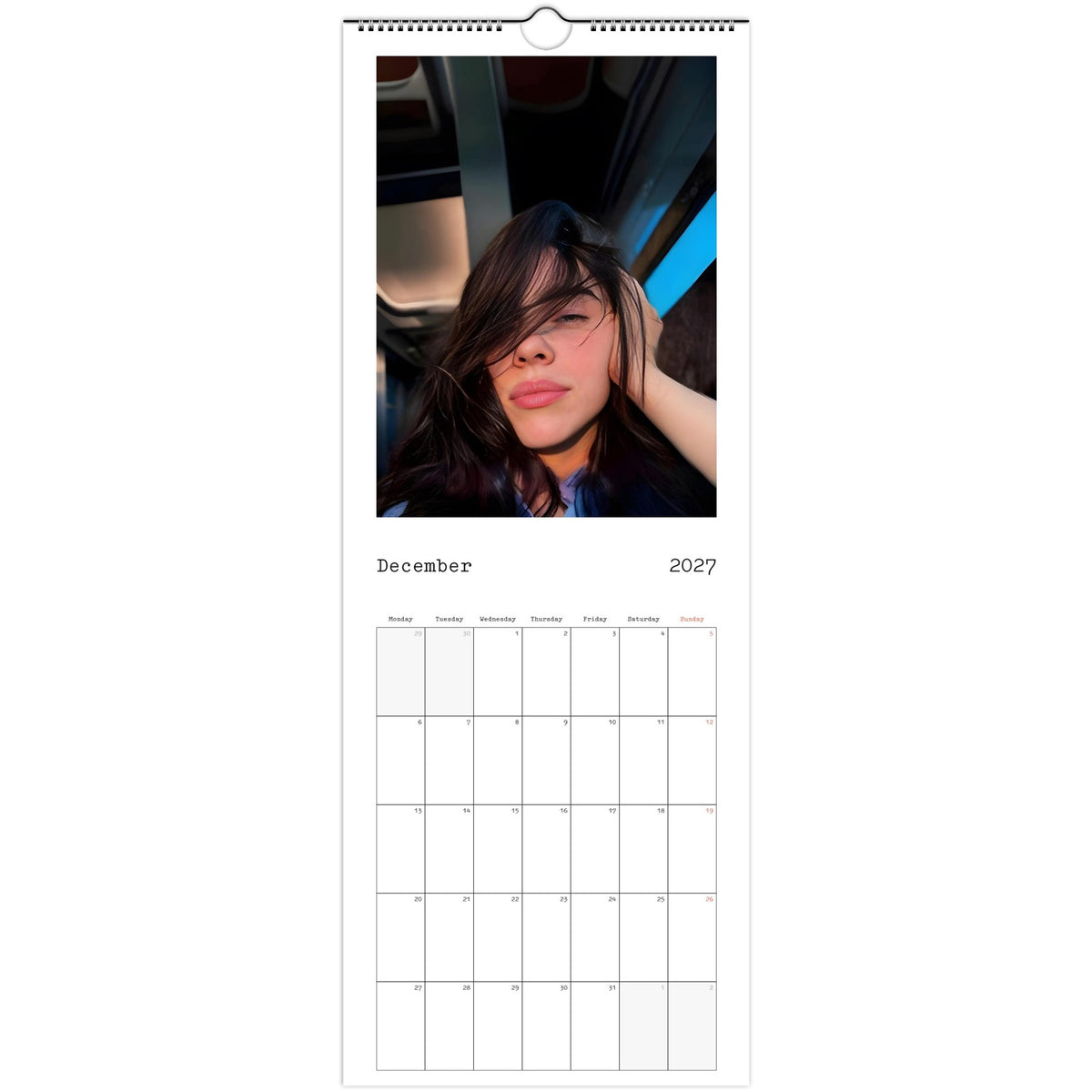 December 2027 page in Billie Eilish slim wall calendar
