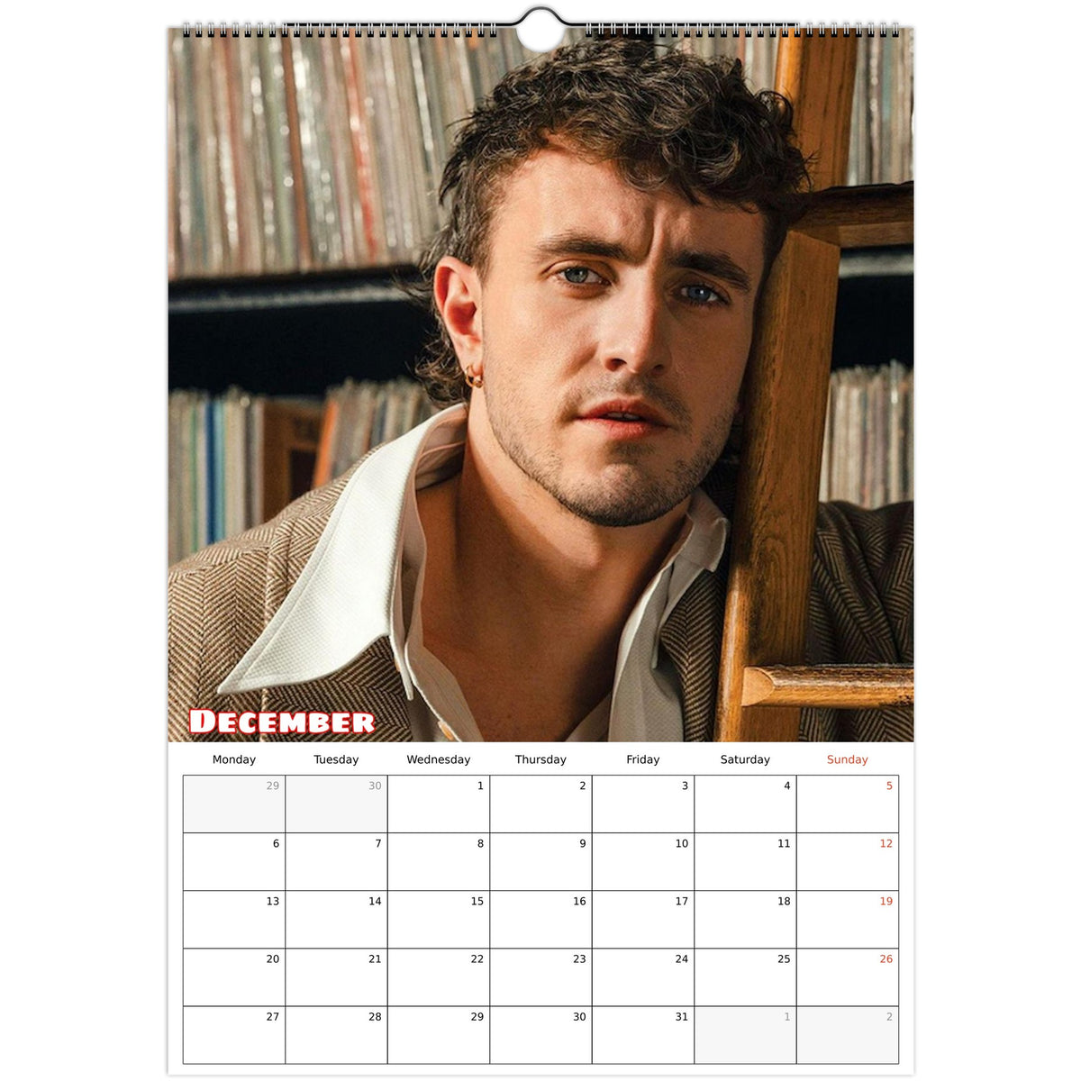 December 2027 page in Paul Mescal A3 wall calendar