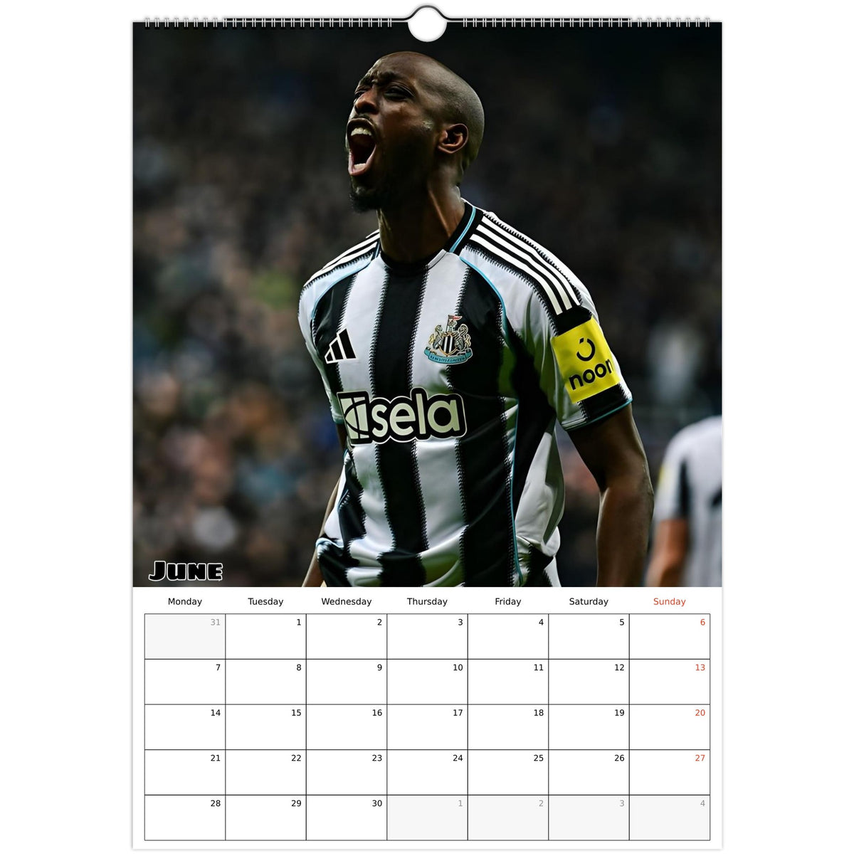 June 2027 page in Newcastle United FC A3 wall calendar