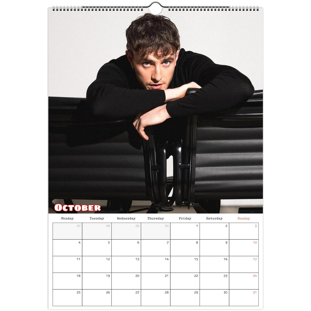 October 2027 page in Paul Mescal A3 wall calendar