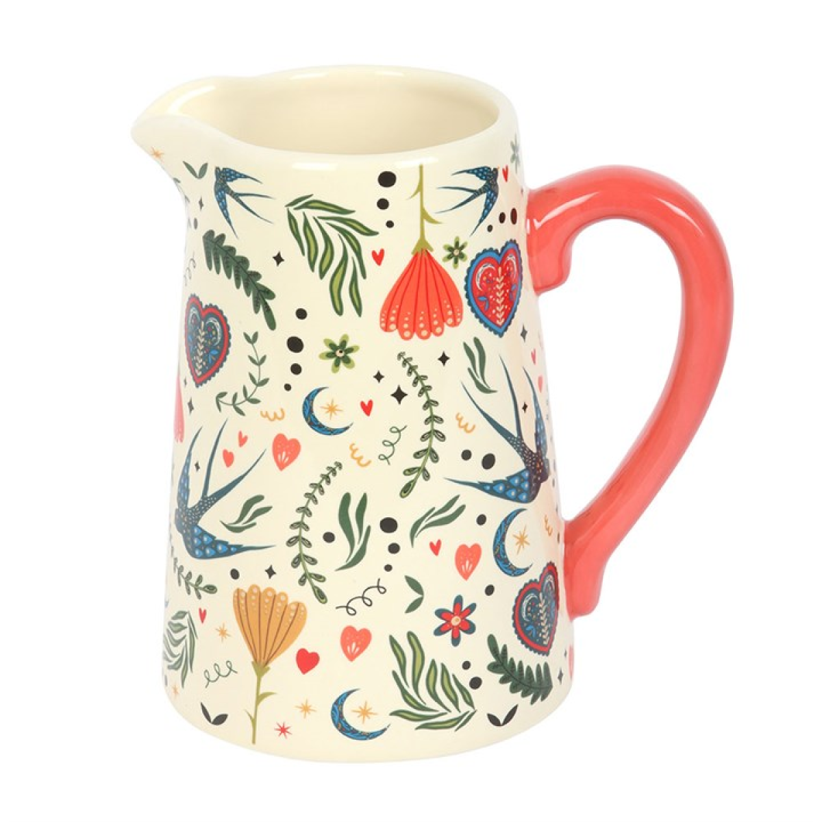 Decorative ceramic jug styled on a cottage‑style windowsill